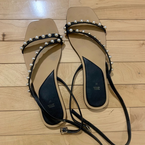ZARA Flat Sandals with Pearl Straps